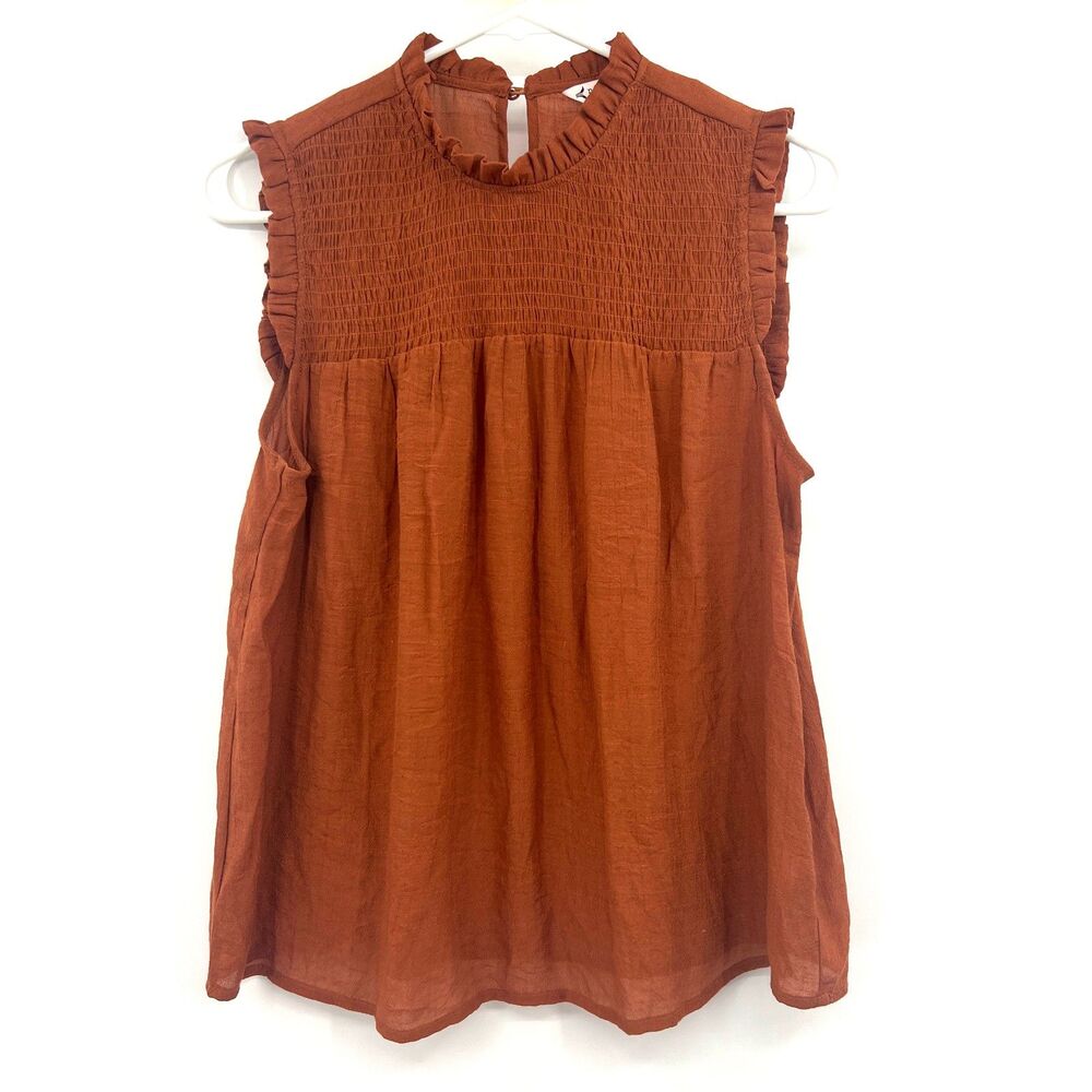 Nanette Lepore Rust Sleeveless Smocked Ruffle Babydoll Blouse Top Women's M